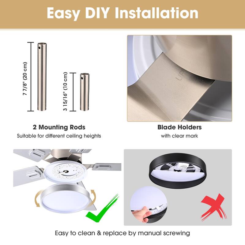 DELight 52" Black Ceiling Fan with Light, Remote Control, 6 Speeds DC